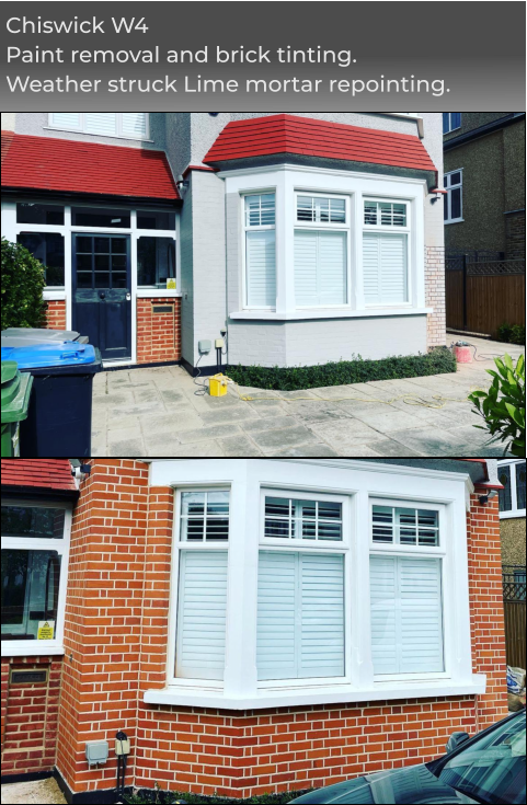 Chiswick W4 Paint removal and brick tinting. Weather struck Lime mortar repointing.