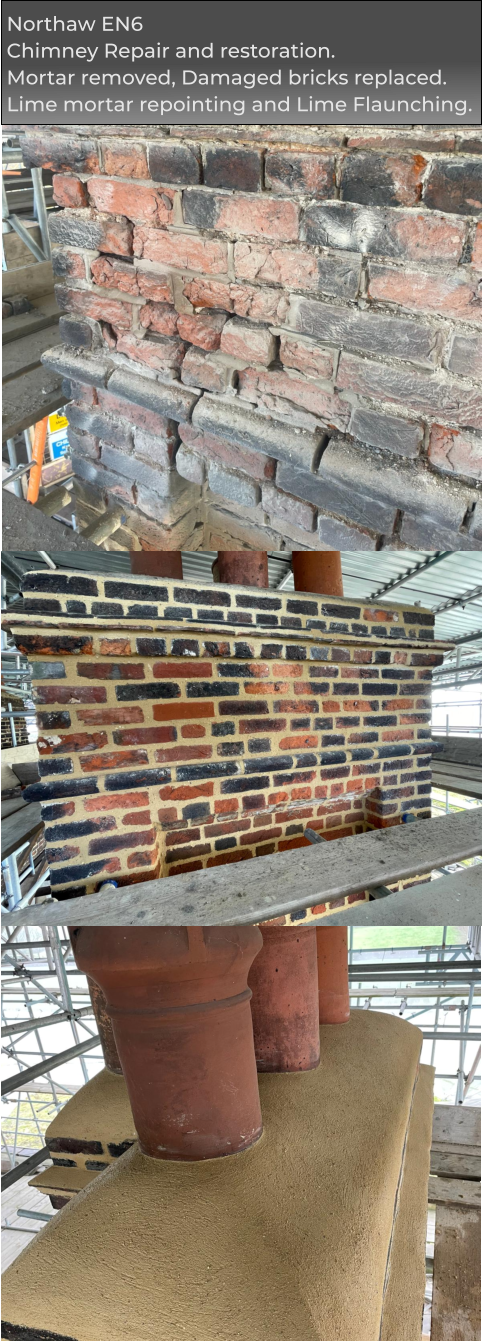 Northaw EN6 Chimney Repair and restoration. Mortar removed, Damaged bricks replaced. Lime mortar repointing and Lime Flaunching.
