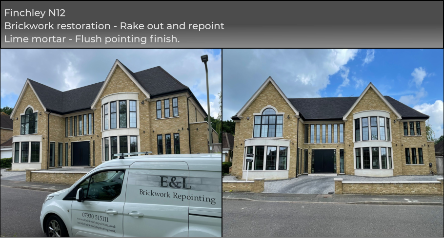 Finchley N12 Brickwork restoration - Rake out and repoint  Lime mortar - Flush pointing finish.