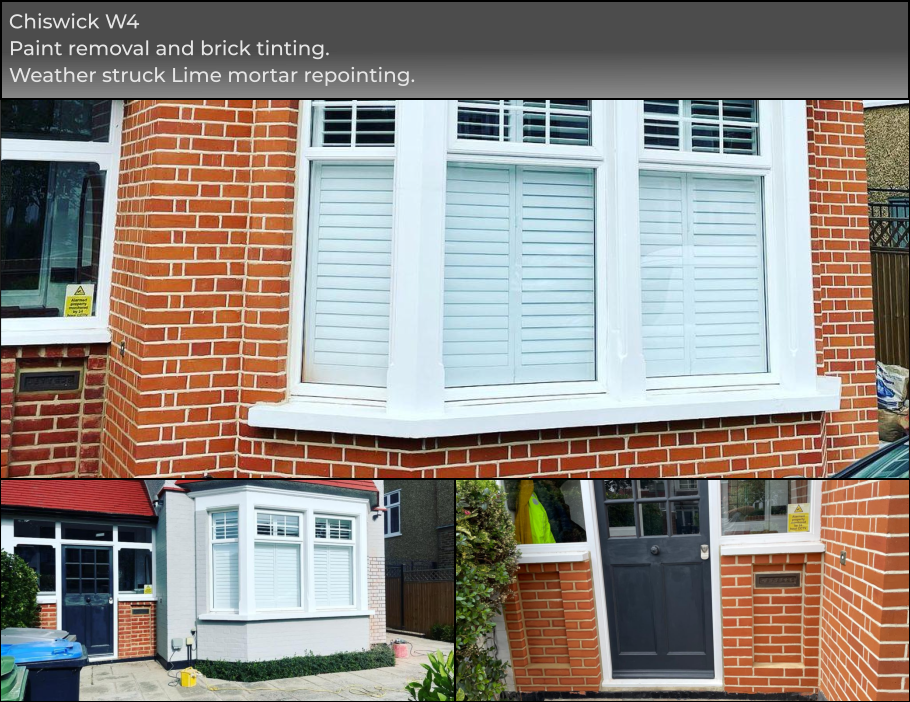Chiswick W4 Paint removal and brick tinting. Weather struck Lime mortar repointing.