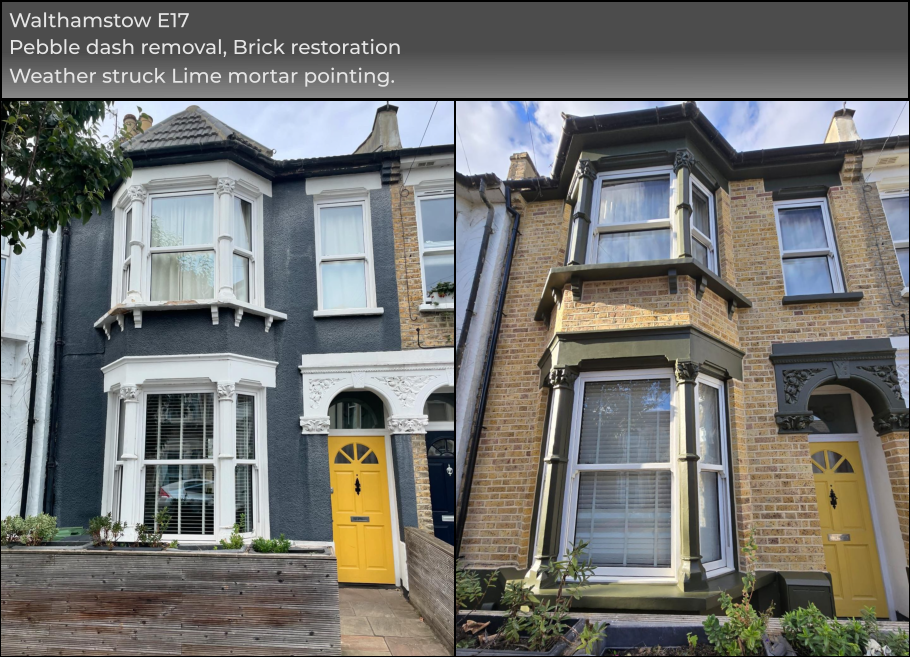 Walthamstow E17 Pebble dash removal, Brick restoration Weather struck Lime mortar pointing.