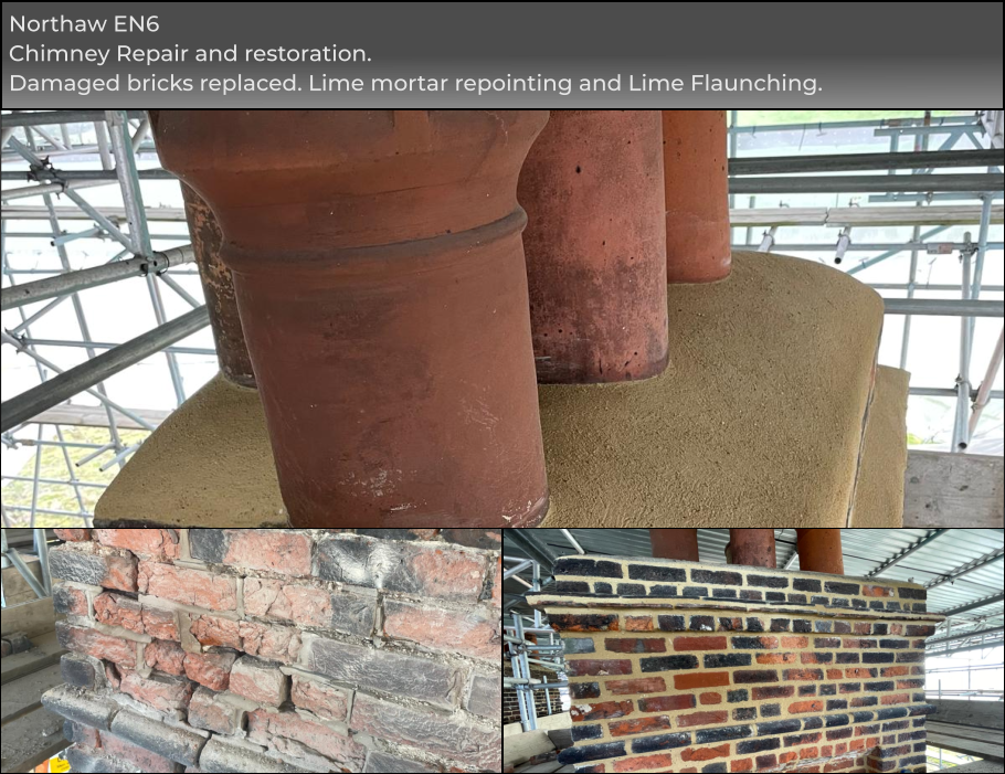 Northaw EN6 Chimney Repair and restoration. Damaged bricks replaced. Lime mortar repointing and Lime Flaunching.