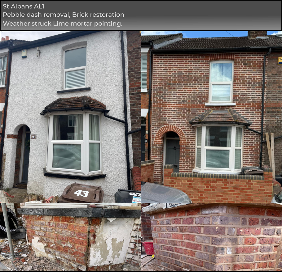 St Albans AL1 Pebble dash removal, Brick restoration Weather struck Lime mortar pointing.