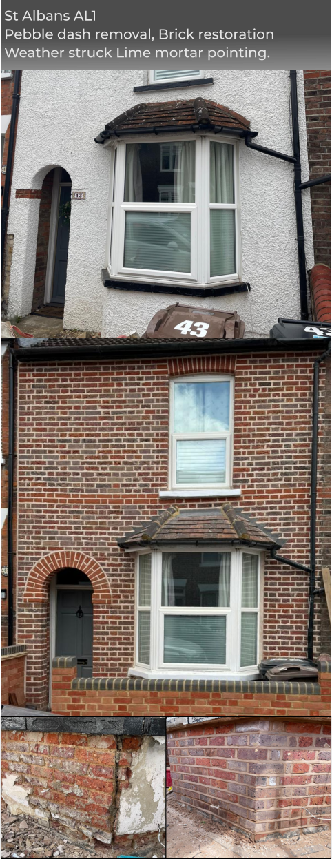 St Albans AL1 Pebble dash removal, Brick restoration Weather struck Lime mortar pointing.